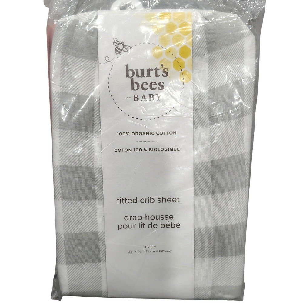 NEW Burt's Bees Baby Organic Cotton Fitted‎ Crib Sheet Gray Buffalo Plaid Jersey